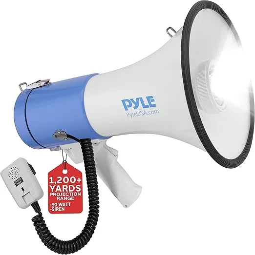Pyle Compact Portable PA Megaphone Speaker - 50W Handheld Bullhorn with LED Flashlight, Alarm Siren, Adjustable Volume, Detachable Microphone, Battery Powered for Indoor & Outdoor Use