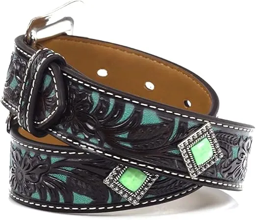 ARIAT Girls' Fancy Tooled Overlay Leather Belt with Turquoise Stone Conchos