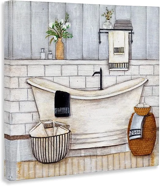 Stupell Industries Bathroom Farmhouse Style Tub Neutral Grey Drawing, Design by Yellow Café Black Framed Wall Art, 36x36, Blue
