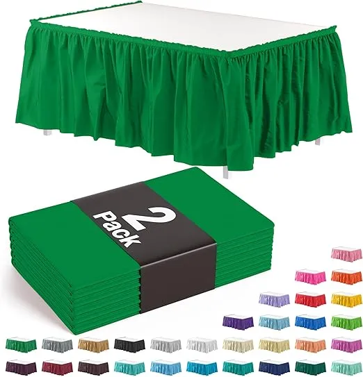 Exquisite Emerald Table Skirt 2 Pack 29" X 14' Disposable Plastic Table Skirts for Rectangle Tables 6ft + or Round Tables - Ruffle Table Skirt with Adhesive Strip - Gender Reveal Decor & Party