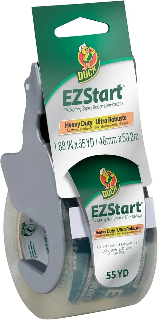 Duck EZ Start Clear Packing Tape with Dispenser - Packaging Tape for Shipping, Moving & Storage - Quiet Easy Start Tape for Boxes & Mailing Supplies, 1.88 Inch x 55 Yards (1259457)