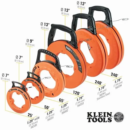 Klein Tools 56335 Flat Steel Electrical Fish Tape, 25-Foot 1/4-Inch Wide Spring Steel Tape, Slim Plastic Tip, Laser Etched 1-Foot Markings