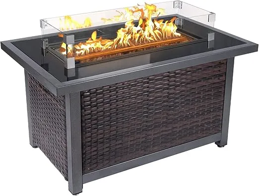 44inch Outdoor Propane Fire Pit Table, 50000 BTU Auto-Ignition Wicker Rattan Patio Gas Fire Pit with Wind Guard, Tempered Glass Tabletop and Glass Beads, ETL Certification, Brown