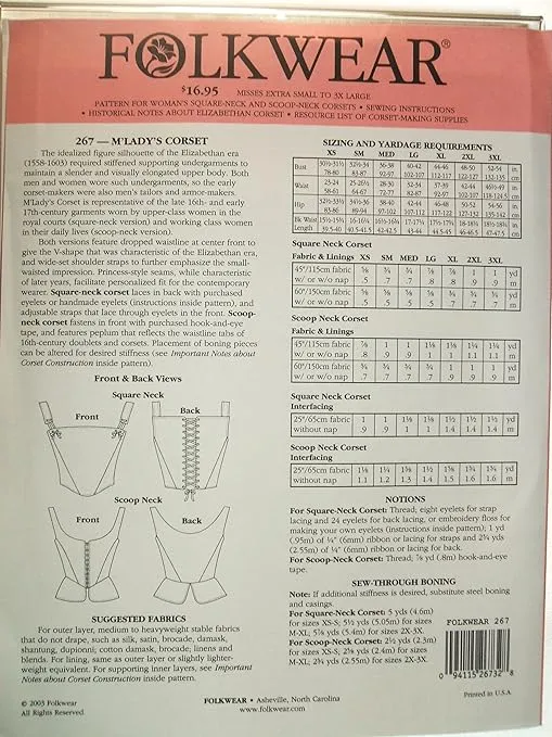 Folkwear 267 M'Lady's Corset Elizabethan Era Sewing Costume Pattern