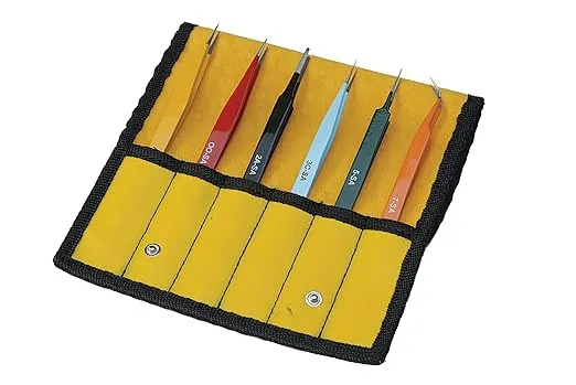 Aven 18480EZ E-Z Pik 6-Piece Tweezers Set with Protective Pouch, AA, OO, 2A, 3C, #5, and #7 Pattern Tips, Stainless Steel