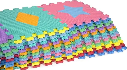 ProSource Kids Foam Puzzle Floor Play Mat with Shapes & Colors 36 Tiles, 12"x12" and 24 Borders