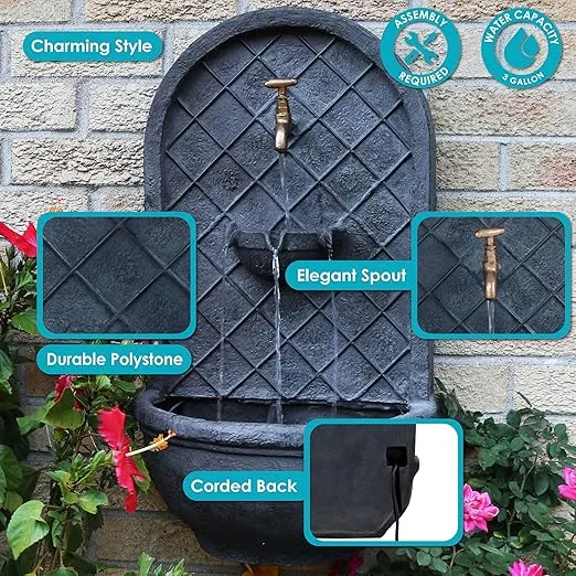 Sunnydaze Messina 26-Inch Polystone Outdoor Wall Water Fountain - Electric Submersible Pump - Lead Finish