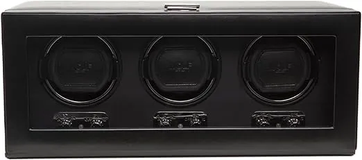 WOLF Heritage Triple Winder with Glass Cover, Black - Secure Fit with Patented Lock-In Dynamic Cuff - For Bigger, Heavier Watches - Vegan Leather - Includes Universal Adapter