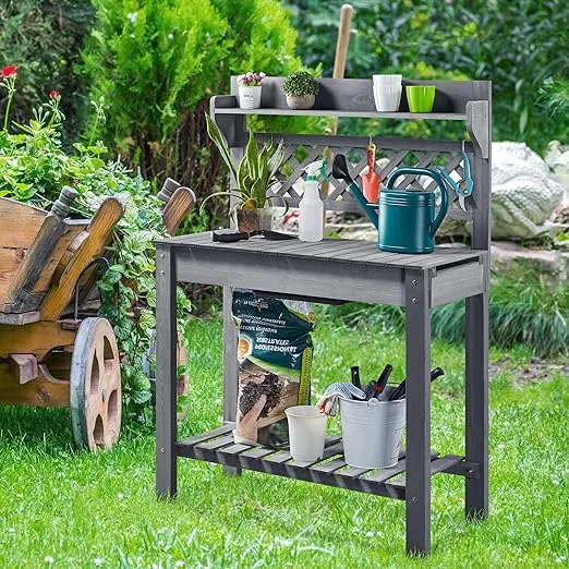Yaheetech Potting Bench Table Outdoor Garden Potting Table Wooden Workstation w/Sliding Tabletop Removable Sink w/Storage Shelf Flower Pot Bench Mobile Garden Potting Bench Gray