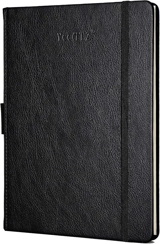 Thick Hardcover Notebook/Journal with A5 120gsm Premium Paper, College Ruled Bound with Pen Holder, Black Leather, 3 Ribbon Marker, Inner Pocket, 8.4 x 5.7 in