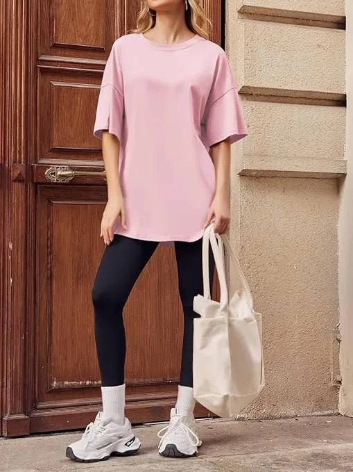 Fisoew Women's Oversized T Shirts Tees Half Sleeve Crew Neck Cotton Tunic Tops