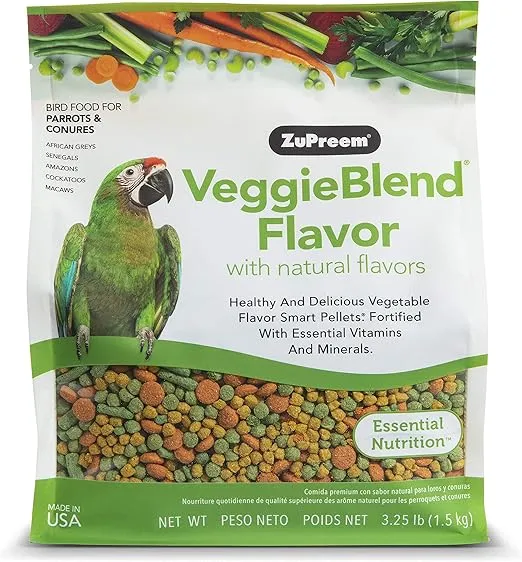 ZuPreem VeggieBlend Bird Pellets, Daily Bird Food for Parrot, Conure, Caique, African Grey, Eclectus, Small Cockatoo, Core Nutrition for Medium Large Birds, Vitamins, Parrot Food (M/L, 3.25 lb)