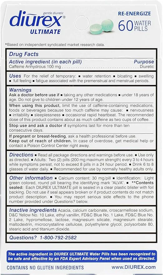 Diurex Ultimate Re-Energizing Water Pills - Maximum Strength Diuretic - Relieve Water Bloat (Packaging May Vary) 60 Count