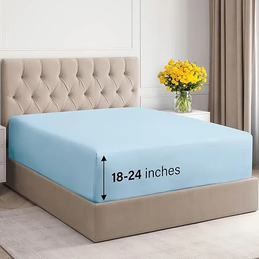 Extra Deep Full 400 Thread Count Cotton Fitted Sheet - Hotel Luxury Single Fitted Sheet Only - Easily Fits 18" to 24" Mattress - Soft, Wrinkle Free & Breathable & Comfy Extra Deep Pockets Light Blue