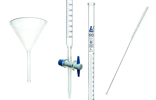 EISCO 3pc Lab Burette Starter Set - Includes 50mL Glass Burette with PTFE Stopcock, Plastic Funnel, & Burette Brush