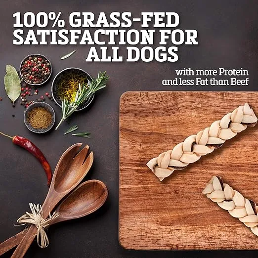 Rawhide Dog Treats | Healthy, Grass-Fed Buffalo Jerky Raw Hide Chews | Hickory Smoked Flavor | Jerky Braids, 10 Count