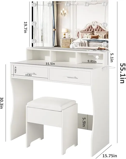 Vabches Makeup Vanity with Lighted Mirror & Power Outlet, White Vanity Set Vanity Desk, Clearance Makeup Vanity 3 Lighting Colors, Brightness Adjustable, 31.5in(W)