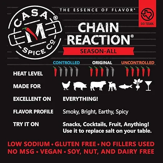 Casa M Spice Co® Chain Reaction® Season-All• Low Sodium • No MSG • Gluten Free • Keto Friendly BBQ Spices and Seasonings (Original, Stainless Shaker (with 1-cup seasoning))