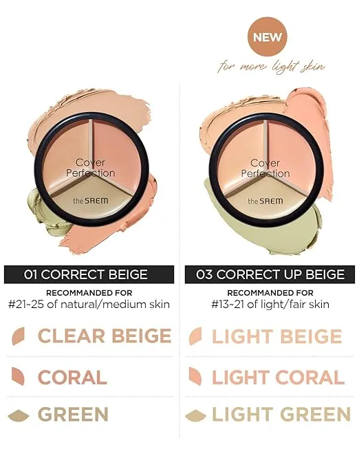 THE SAEM Cover Perfection Triple Pot Concealer 03 Correct Up Beige - for Fair to Light Skin Tone - 3 Color Full Coverage Concealer - Covers Blemishes Spots, Dark Circles, Redness Skin