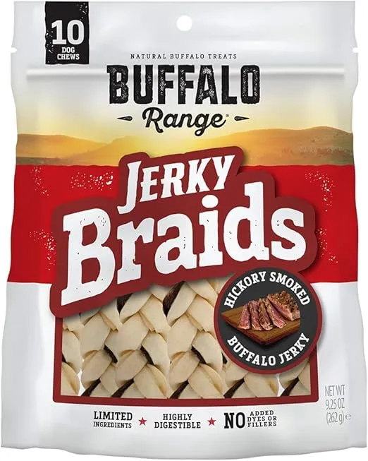 Rawhide Dog Treats | Healthy, Grass-Fed Buffalo Jerky Raw Hide Chews | Hickory Smoked Flavor | Jerky Braids, 10 Count