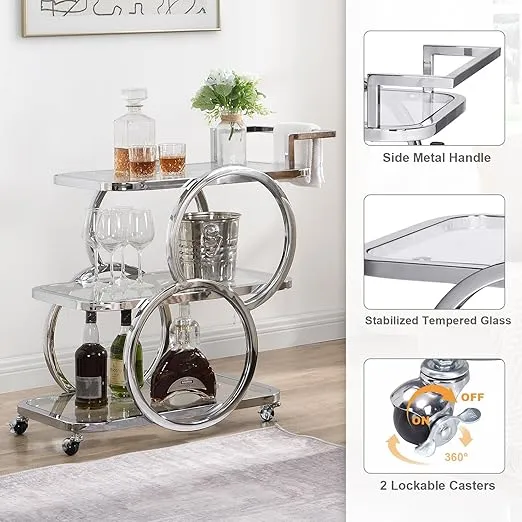 Home Bar Serving Carts 3 Tier Kitchen Carts on Wheels Mobile Bar Carts for Home Kitchen Dining Room Living Room Party, Chrome