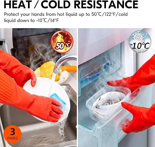 Vgo... 3-Pairs Dishwashing Gloves, Reusable Household Gloves, Kitchen Gloves, Long Sleeve, Thick Latex, Cleaning, Washing, Working, Painting, Gardening, Pet Care (Size L,Red, RB2143)