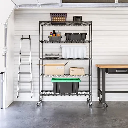 Seville Classics UltraDurable Heavy Duty NSF Solid Steel Wire Rack Storage Unit, Organizer for Garage, Warehouse, Office, Restaurant, Classroom, Kitchen, Black, 5-Tier Shelving, 48" W x 18" D