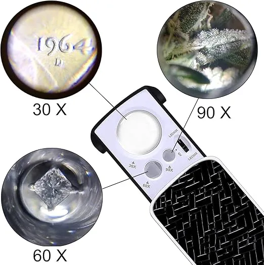 2 Pcs Jewelers Illuminated Loupe Magnifier, 30X 60X 90X Foldable Eye Loupe Magnifier with Bright LED Light for Jewelry, Coins, Gems, Stamps, Watches Rocks (Black)