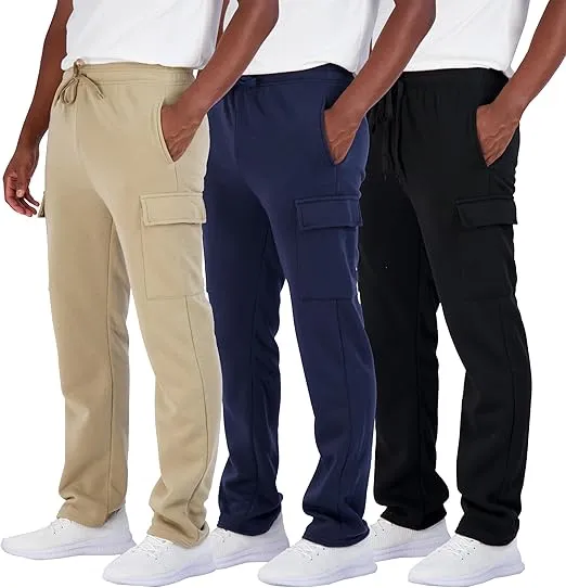 Real Essentials 3 Pack: Men's Tech Fleece Open Bottom Cargo Sweatpants with Pockets (Available in Big & Tall)