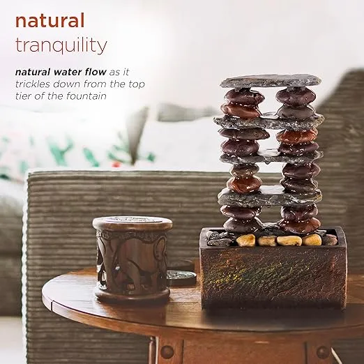 Alpine Corporation TT8002 Indoor/Outdoor Tabletop Stacked Rocks Eternity Fountain, Modern Rocks Tabletop Fountain 12", Brown