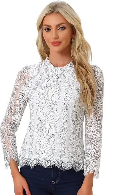 Allegra K Women's Lace Top Long Sleeve Ruffle Neck Floral Blouse