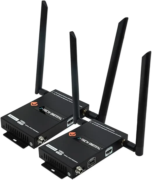 J-Tech Digital 1X2 Wireless HDMI Extender 200’ Dual Antenna Supporting Full HD 1080p with HDMI Loop Output Operation Channel Change IR Passthrough (Receiver + Transmitter 1080P 200ft)
