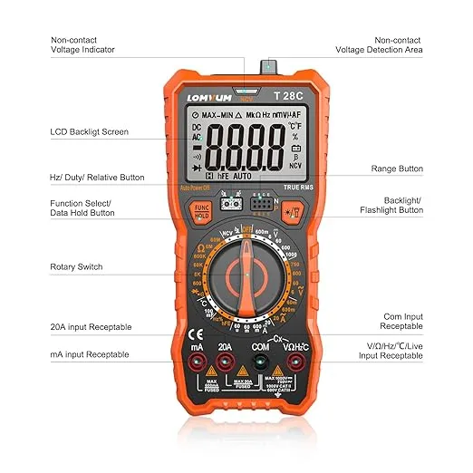 Digital Multimeter, LOMVUM TRMS 6000 Counts Electrical Tester AC/DC Amp Ohm Voltage Tester Meter with Temperature Frequency Resistance Continuity Capacitance Diode and Transistor Test