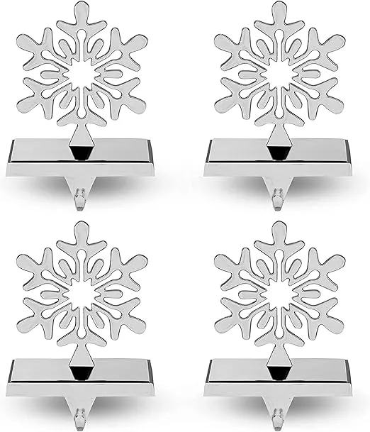 Christmas Stocking Hangers for Mantle Set of 4 - Chrome Silver Weighted Snowflake Stocking Holders for Mantle - Mantel Stocking Holder So Santa Can Reach The Stockings