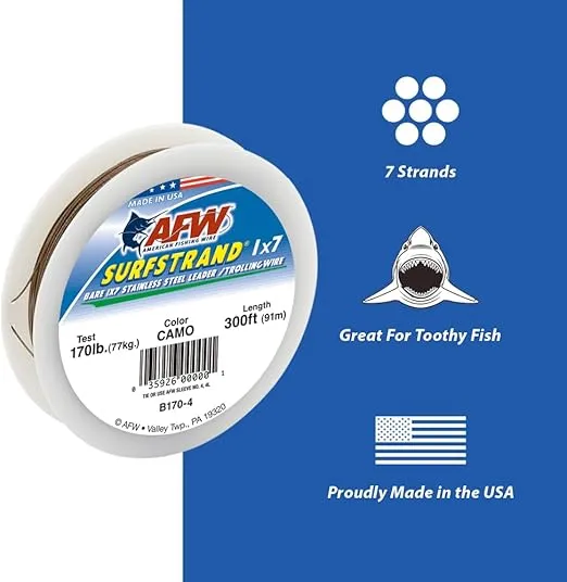 American Fishing Wire Surfstrand Bare 1x7 Stainless Steel Leader Wire - Fishing Leader Line for Saltwater, 20lb Test - 325lb Test in Bright, Camo in 30ft, 300ft, 600ft and 1,000ft Lengths
