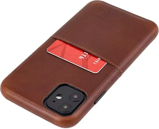 Dockem iPhone 11 (6.1") Card Case: Slim Genuine Leather Wallet Case with Built-in Metal Plate for Magnetic Mounting: Virtuosa M1 [Brown]