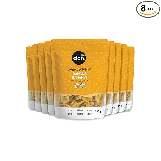 Elan Organic Banana Chips, Non-GMO, Vegan, Gluten-Free, Kosher, Sweetened with Organic Sugar, Crunchy Snacks, Sweet Snacks, 8 pack of 4.8 oz