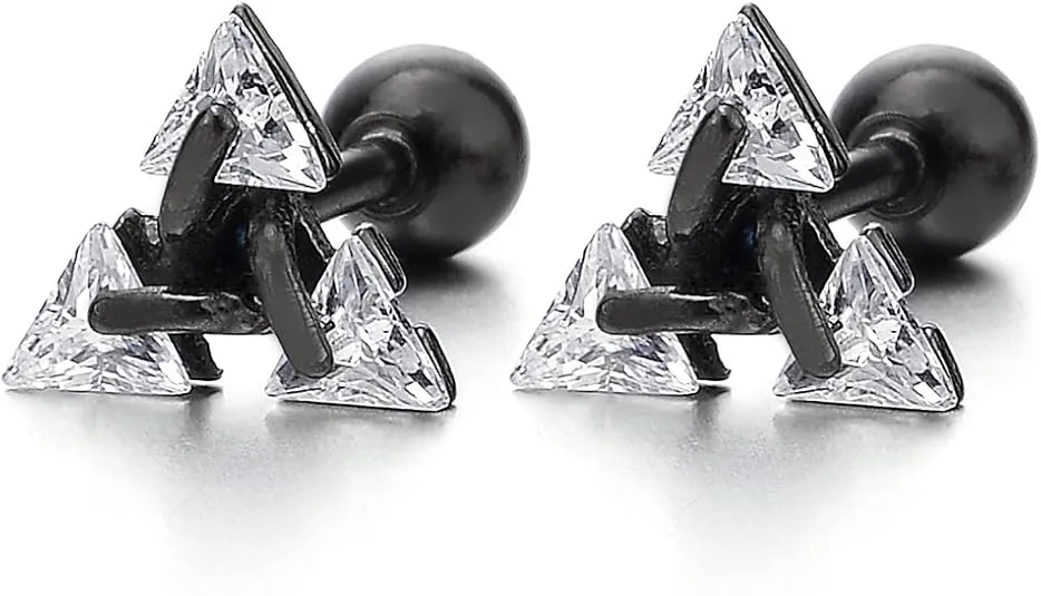 Stainless Steel Triangle Cubic Zirconia Stud Earrings for Men Women, Screw Back Post, 2pcs