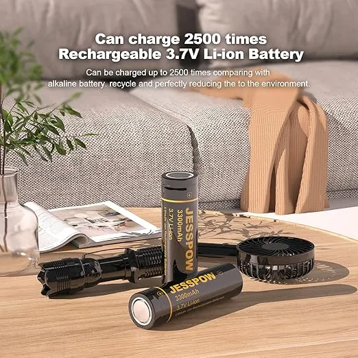18650 Rechargeable Battery Lithium 3.7V 3300mAh Flat Top, Batteries for Flashlight, Camera, Small Fan, Outdoor Garden Lights 4 Pack