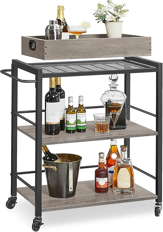 VASAGLE Kitchen Serving Cart with Removable Tray, 3-Tier Kitchen Utility Cart on Wheels with Storage, with Brakes, Leveling Feet, 15.7 x 28.3 x 33.9 Inches, Greige and Black ULRC072B02