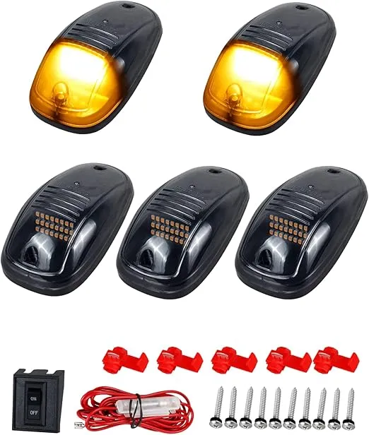 RUXIFEY 5PCS Amber Cab Light Smoked Lens Top Roof Marker Lights LED Clearane Running Light Assembly with Wire Harness Compatible with Doge Ram 1500 2500 3500 4500 5500 2003-2018