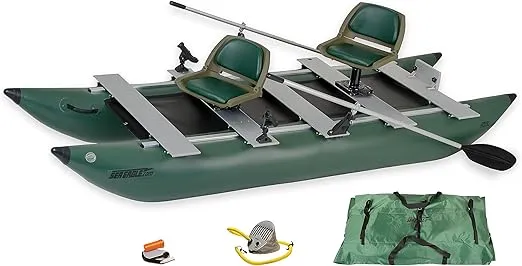 Sea Eagle 375fc FoldCat 1-2-Persons Inflatable Fishing Pontoon Boat, Lightweight & Portable, w/2 Green Swivel Seats, Pedestal, Oar Set, Scotty Rod Holders, Boat Bag, & Pump