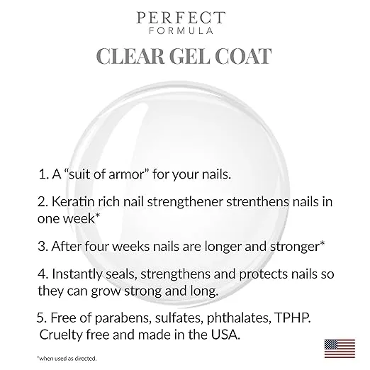 Perfect Formula Clear Gel Coat - Nail Strengthener, Keratin Nail Treatment, Clear Nail Polish - Nail Strengthener for Damaged Nails - Made In The USA .60 fl oz.
