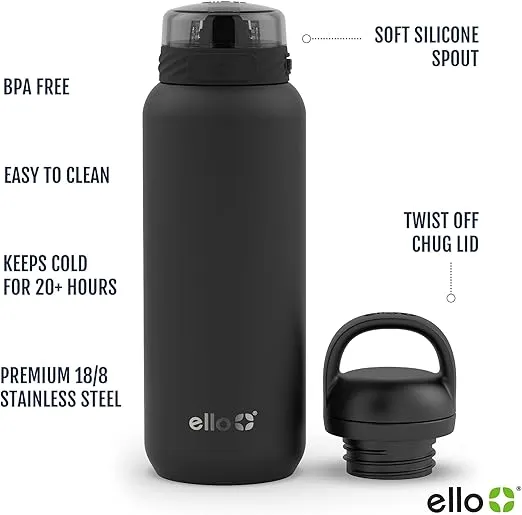 Ello Cooper 32oz Stainless Steel Water Bottle with 2 Lids Chug and Straw | Leak Proof | Double Walled and Vacuum Insulated | Built in Carry Loop | Dishwasher Safe | Halogen Blue