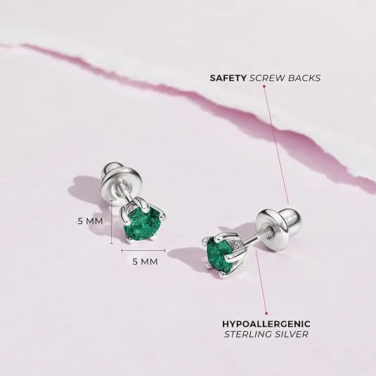 925 Sterling Silver Hypoallergenic 4mm Solitaire Simulated Birthstone Earrings for Girls - Round Simulated Birthstone Kids Earrings Cubic Zirconia for Toddlers - CZ Safety Back Earrings