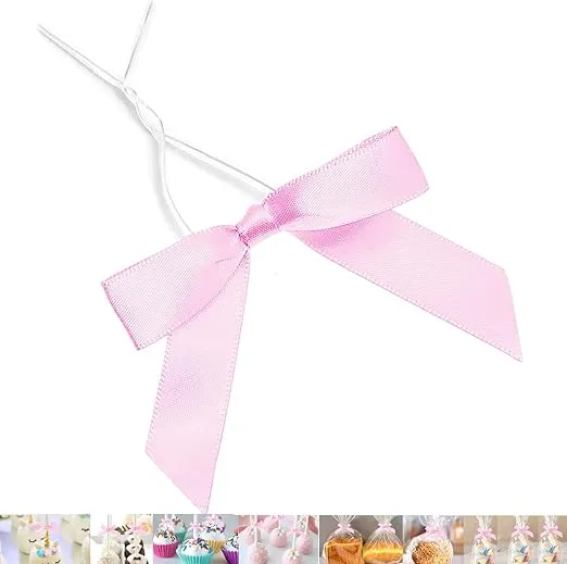50 PCS 3 Inches Satin Bow Twist Ties, Ribbon Twist Tie Bows for Treat Bags, Pink Pretied Bows, Twist Bows, Tied Bows with Wire for Bags, Pre Tied Ribbon Bows for Baby Shower, Favors, Popcorn