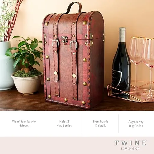 Twine Antique Wooden Decorative Box with Lid and Handle, Wine Accessory Sets, Wood, Faux Leather, Brass Accents, 2 Bottle