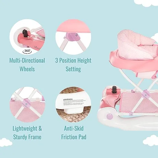 Dream on Me 2-in-1 Aloha Fun Baby Walker in Pink, Easily Convertible Baby Walker, Adjustable Three Position Height Settings, Easy to Fold and Store