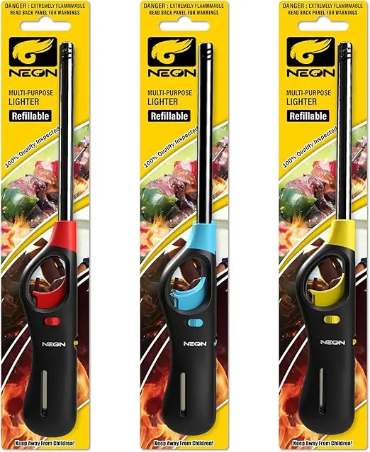 Neon Refillable Butane Fuel Lighter, Pocket Lighter, BBQ Lighter, Candle Lighter, Multi-Purpose Lighter 3pcs