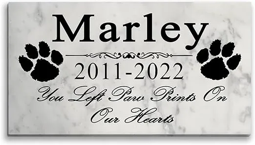 Dog Pet Memorial Gift Stone Solid Marble Personalized Pet Plaque Garden Marker Indoor or Outdoor Grave Headstone 12" x 6" (Paw Prints On Our Hearts)